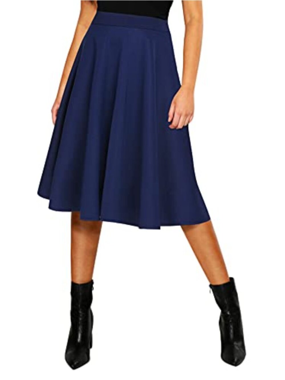 A-Line Pleated Midi Skirt, Elastic Waist, Polyester Spandex